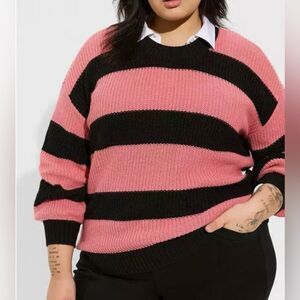 Torrid Pullover Drop Shoulder Sweater, Black & Pink Striped, stret…